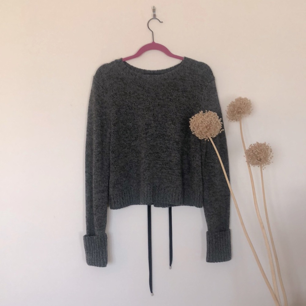 Marc Jacobs Wool Blend Tie Corset Back Crop Dark Gray Melange Crewneck Sweater L